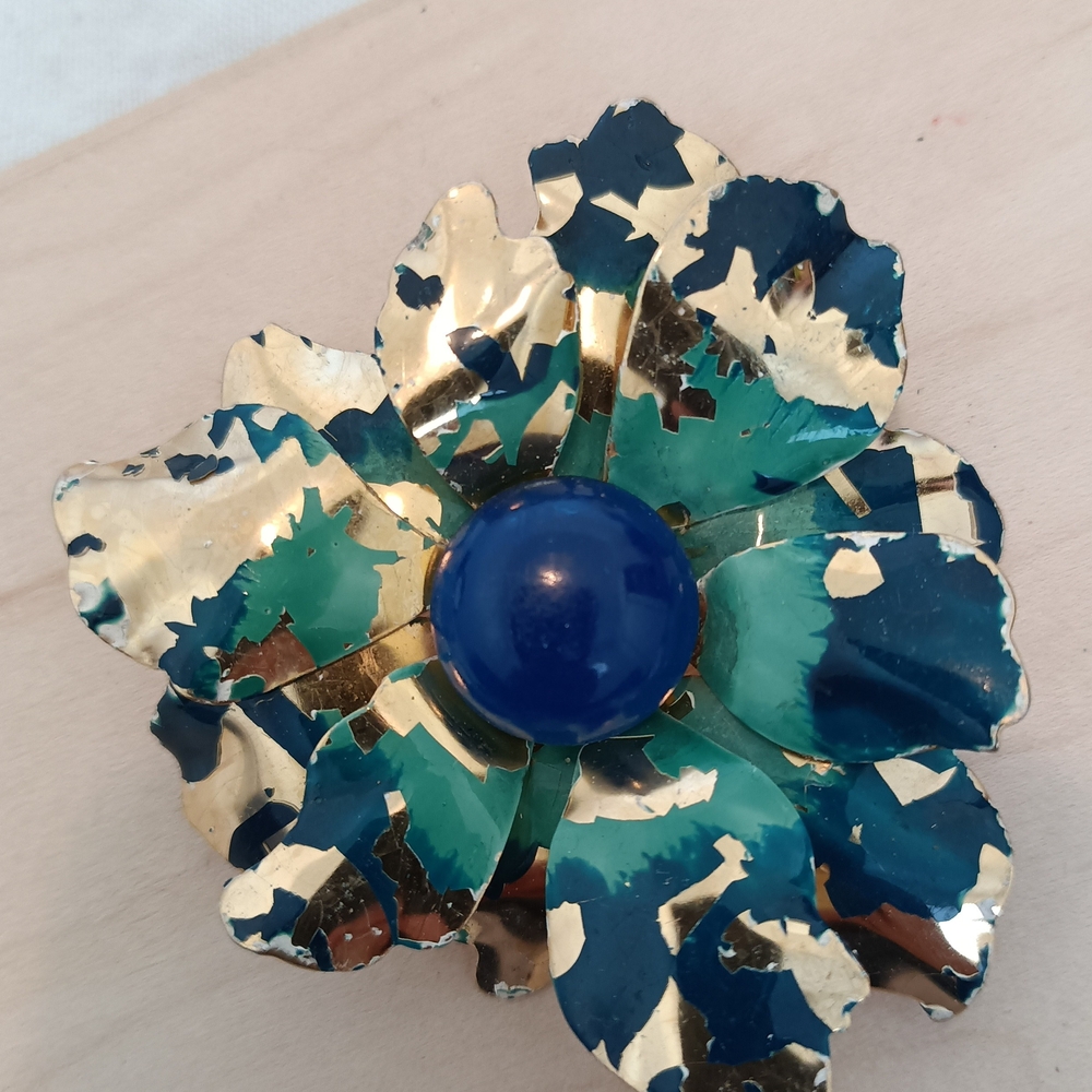 Gold & Teal Floral Statement Brooch with Deep Blue Cabochon